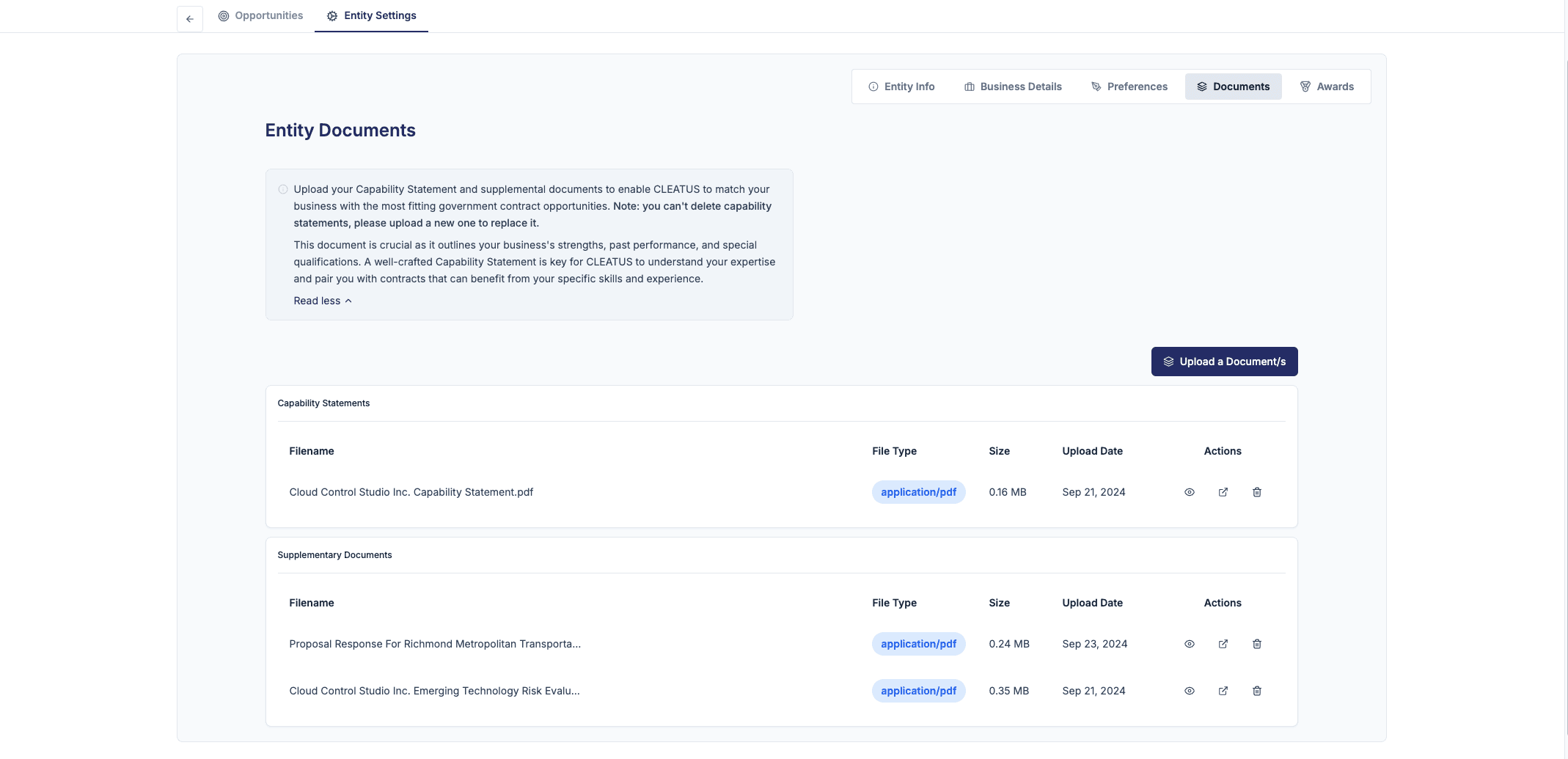 Image showing the option to upload entity documents, like capability statements and pricing sheets, for tailored insights from CLEATUS.