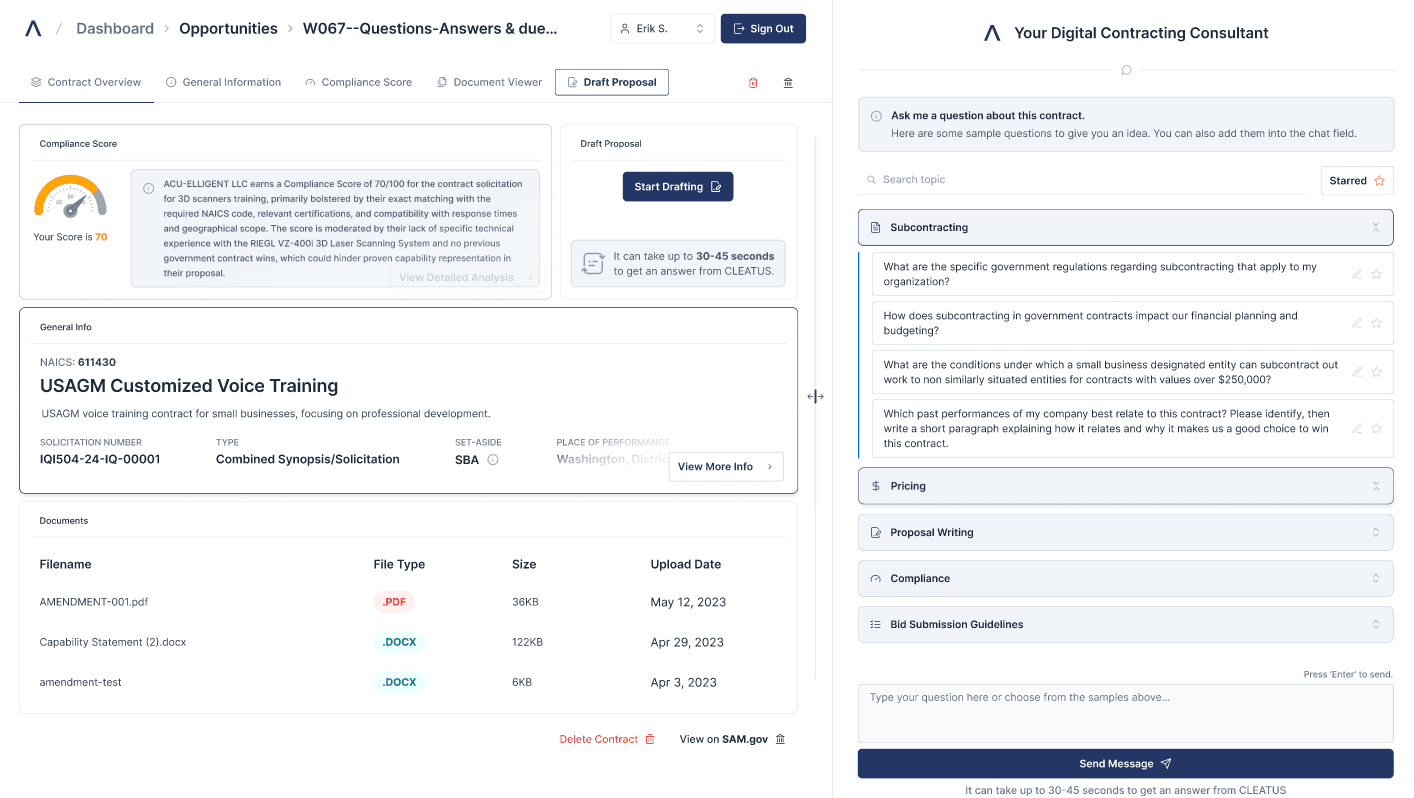 CLEATUS’s customizable question repository, offering expert, on-demand consultation with the ability to star favorite questions.