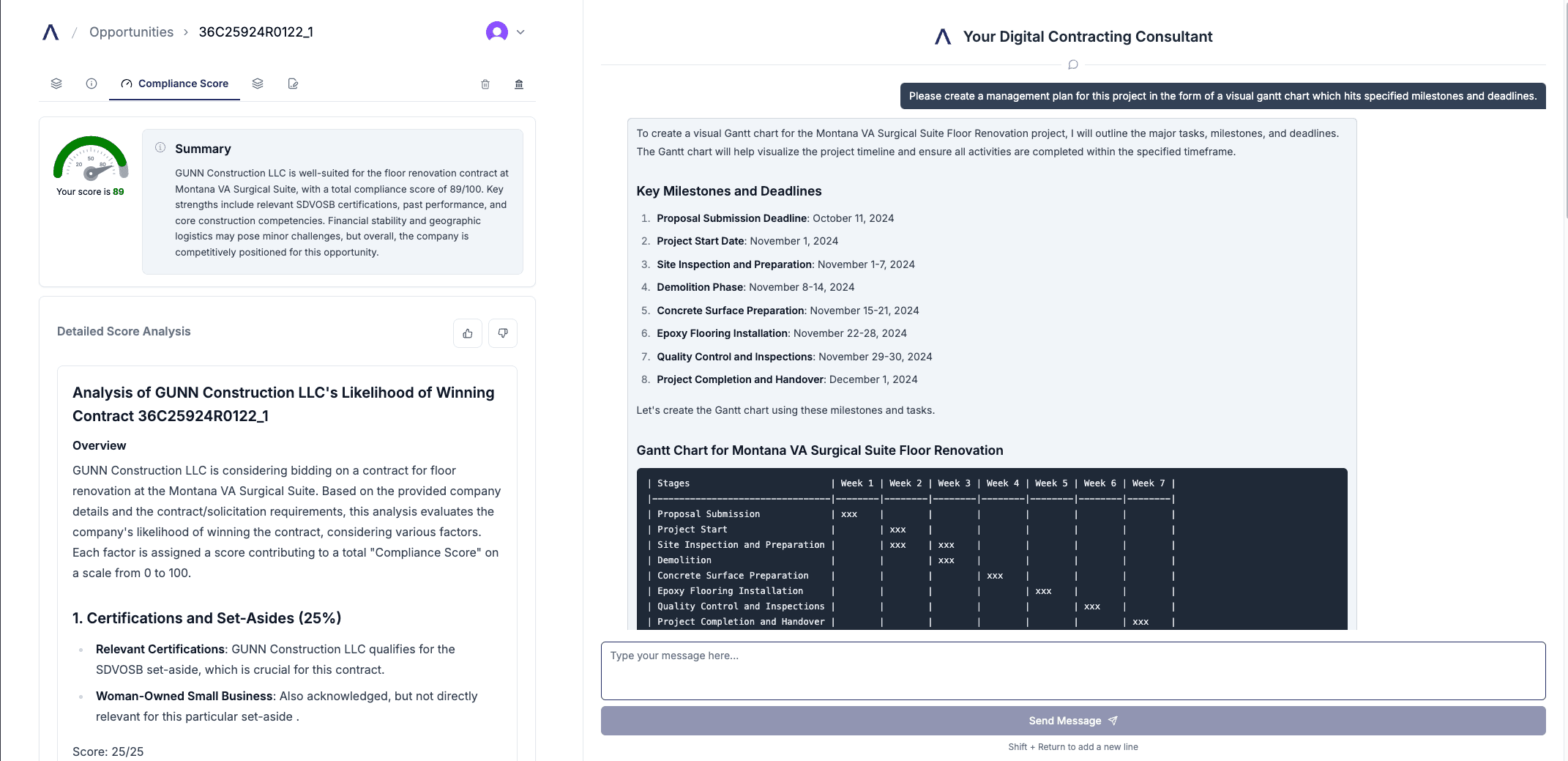 CLEATUS’s AI answering user questions and displaying a compliance score for quick bid/no-bid decisions.