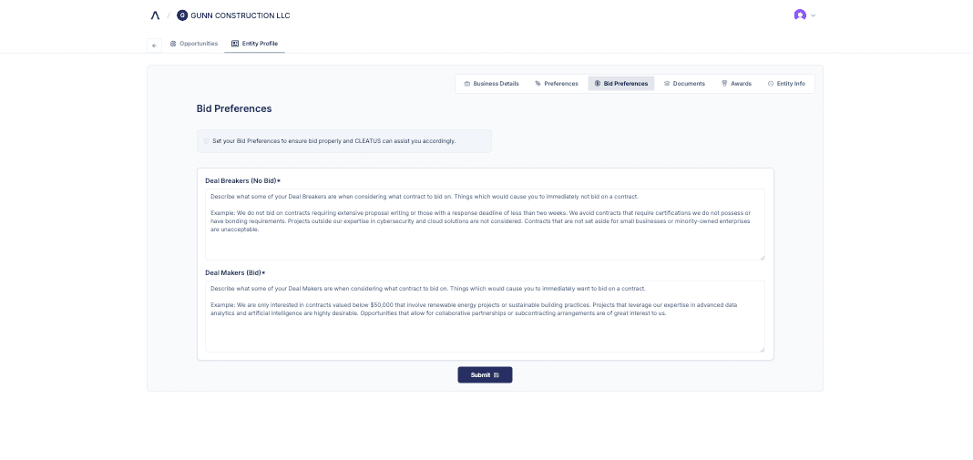 Image of the bid makers and bid breakers preferences in CLEATUS.