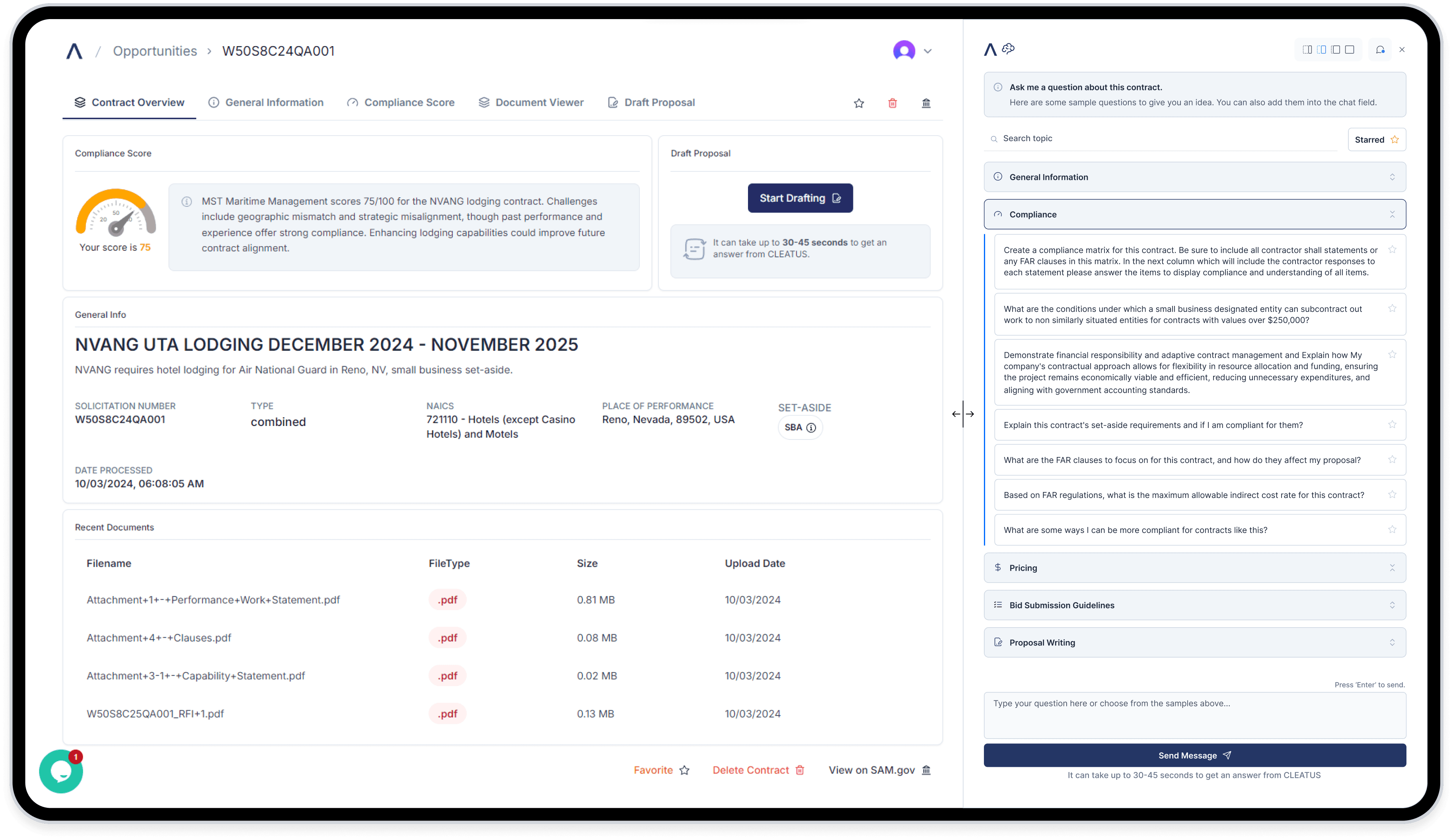 A screenshot of CLEATUS AI GovCon Assistant dashboard.