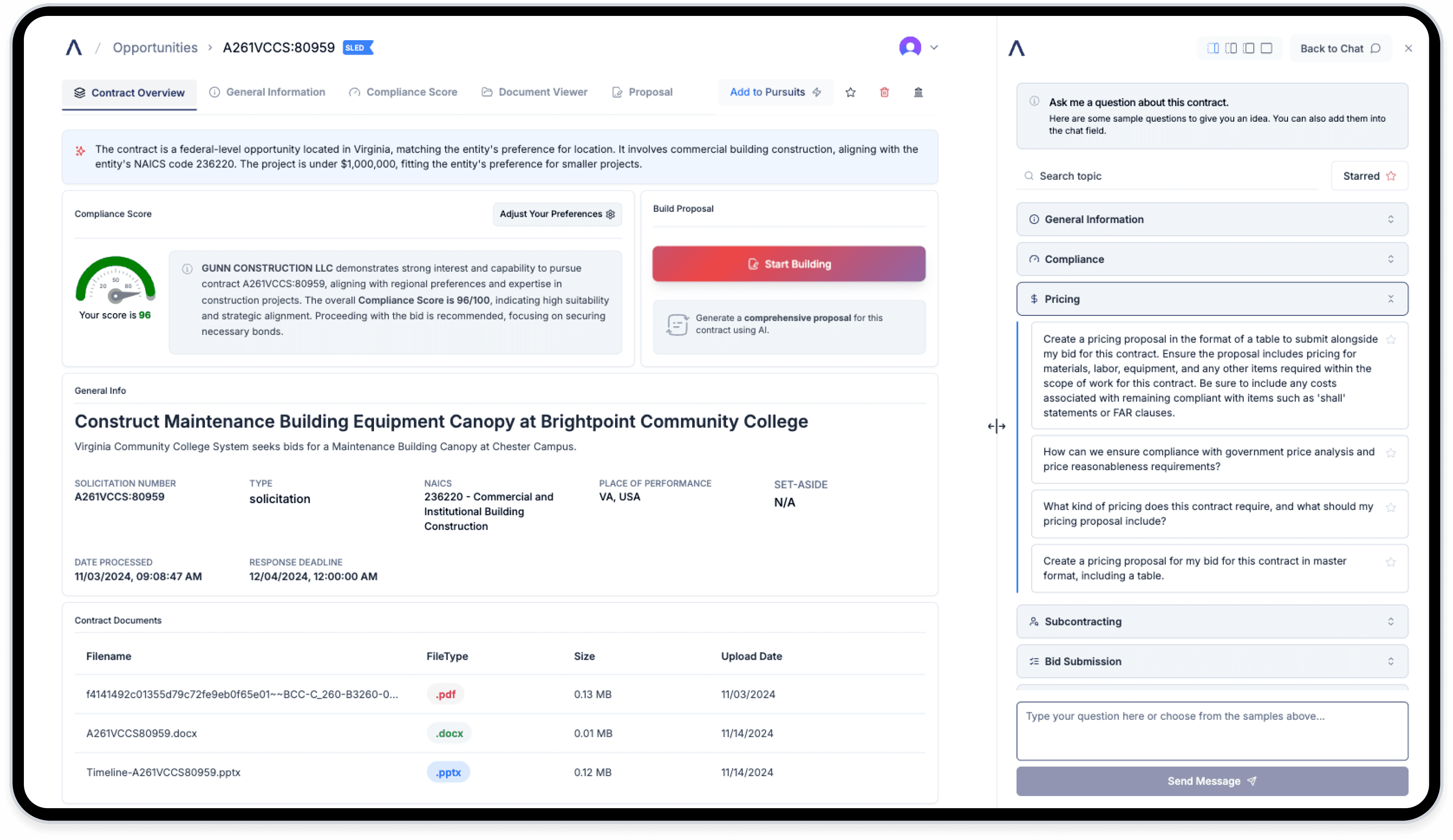 A screenshot of CLEATUS AI GovCon Assistant dashboard.