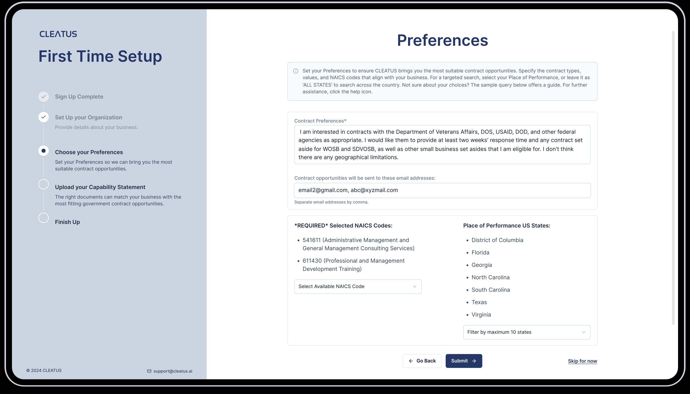 Image of preferences page, where you can set any type of unique requirements