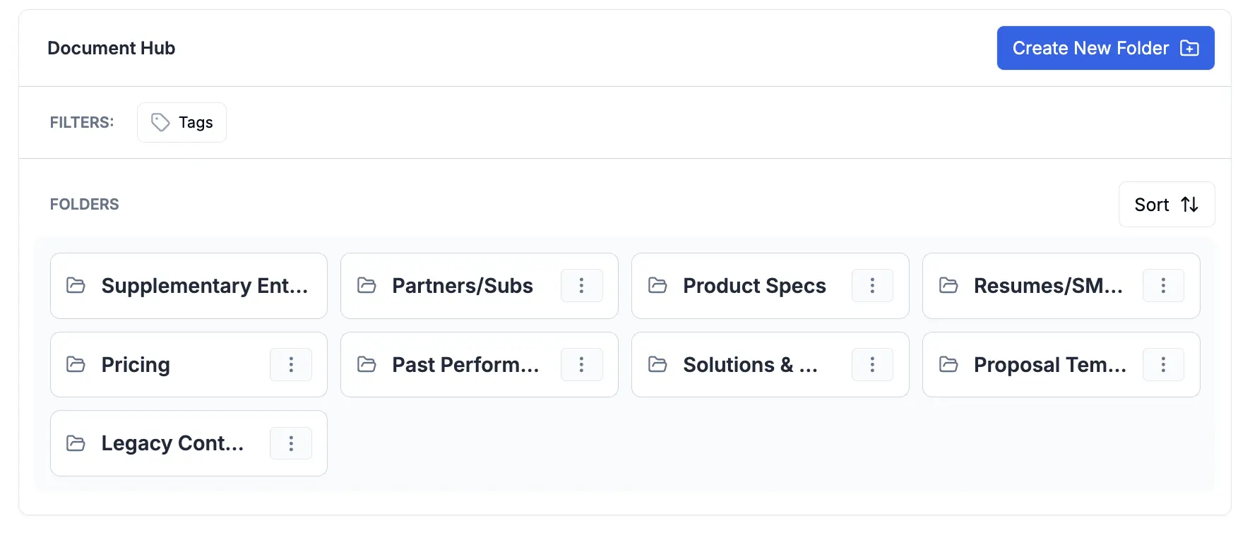 CLEATUS AI Document Hub showing content library and reusable blocks for government contracting proposals