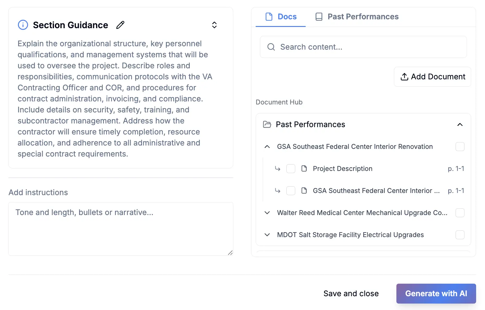 CLEATUS interface showing one-click content insertion from Document Hub into proposals