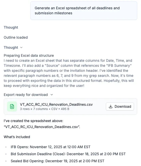 CLEATUS generating compliance matrices, pricing tables, and structured documents