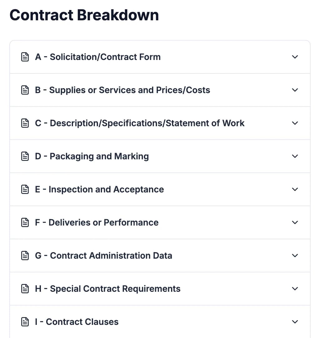 Contract breakdown interface showing organized sections, summaries, and compliance guidelines
