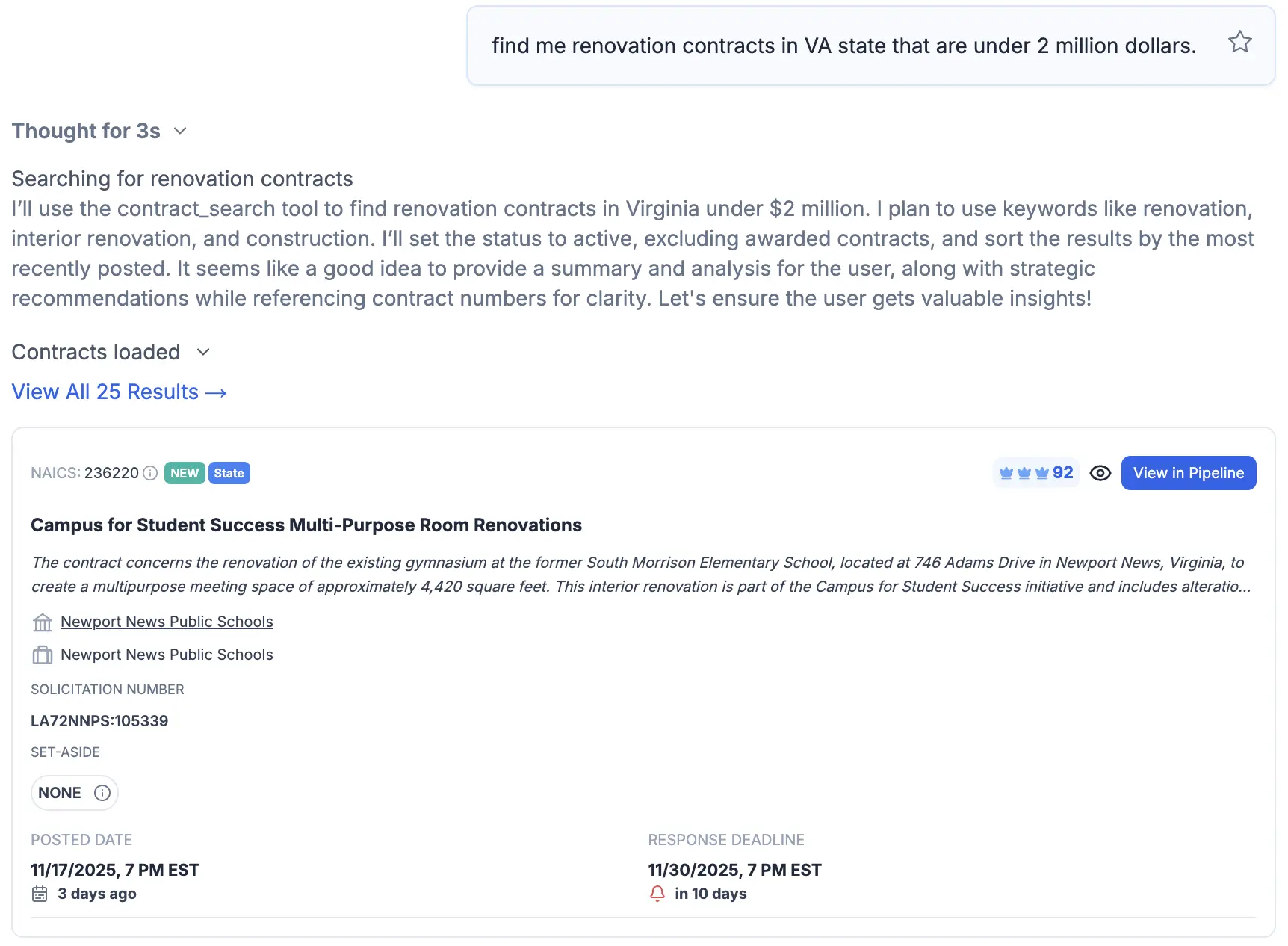 Chat interface showing natural language contract discovery with CLEATUS AI agent