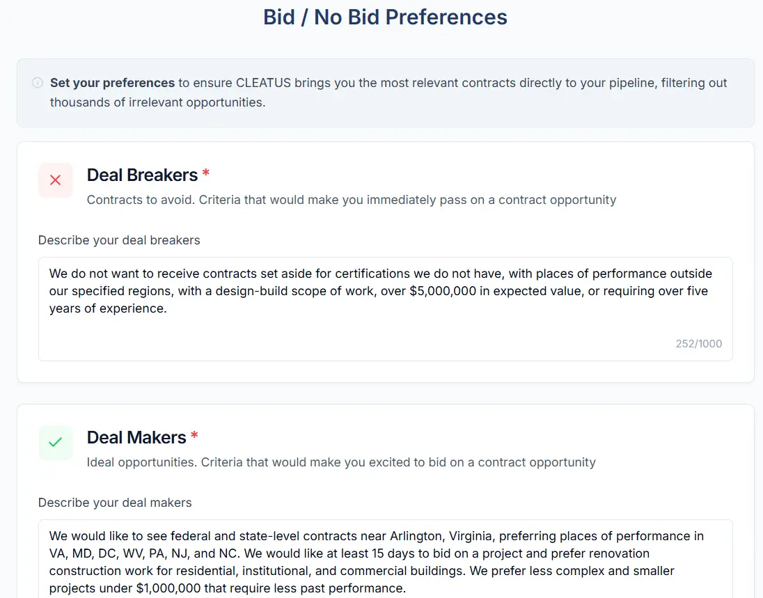 Smart bid preferences interface in CLEATUS