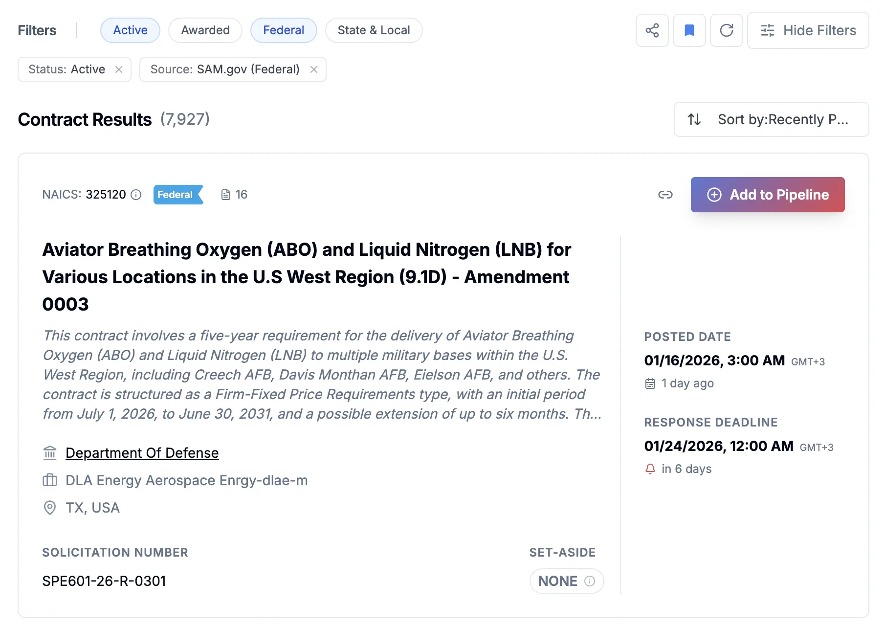 CLEATUS advanced contract search interface showing federal, state, and local opportunities