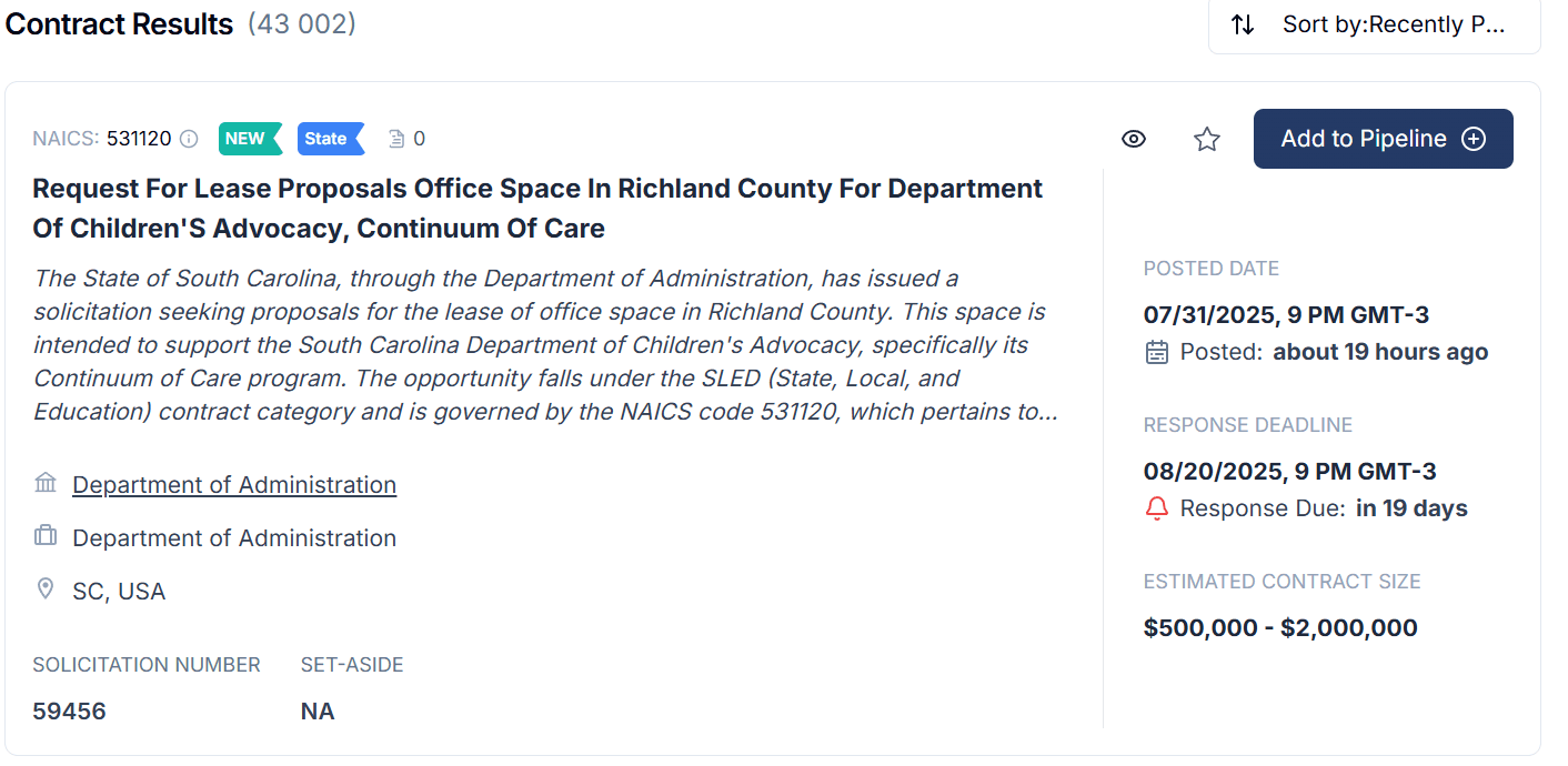 CLEATUS advanced contract search interface showing federal, state, and local opportunities