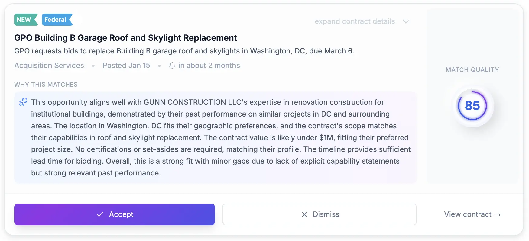 CLEATUS AI matching capabilities showing personalized government contract recommendations