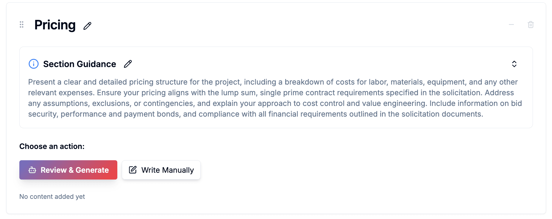 CLEATUS creates proposal elements such as staffing plans, technical approaches, and pricing models