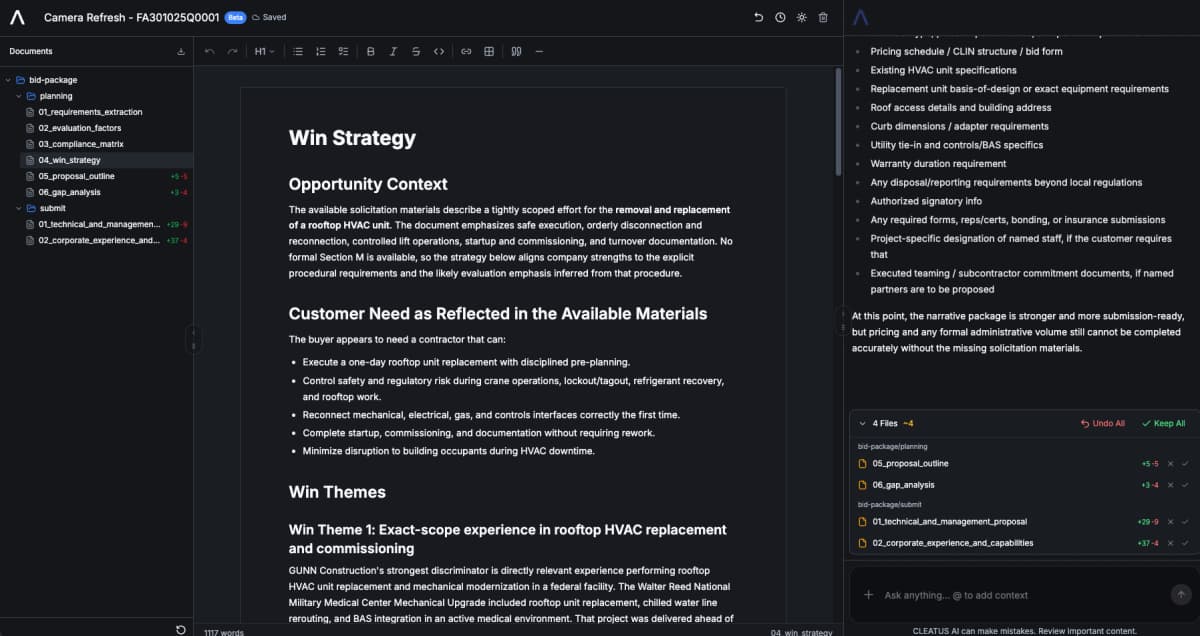 CLEATUS proposal workspace with documents, editor, and bid package ready to export