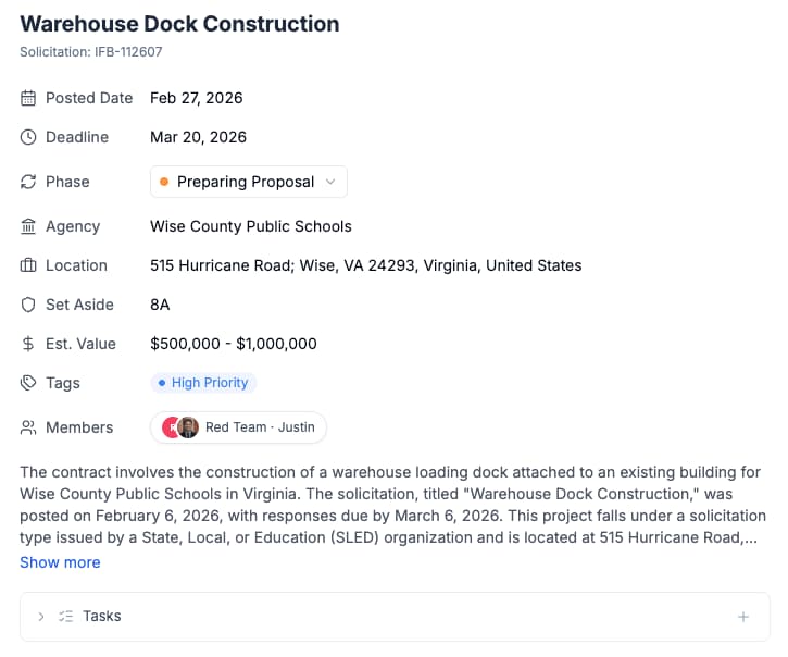 CLEATUS pursuit detail view showing team members, tasks, tags, and contract information