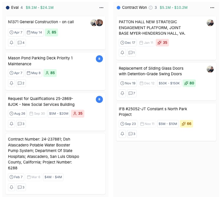 CLEATUS Kanban board showing government contract pursuits organized by phase with drag-and-drop