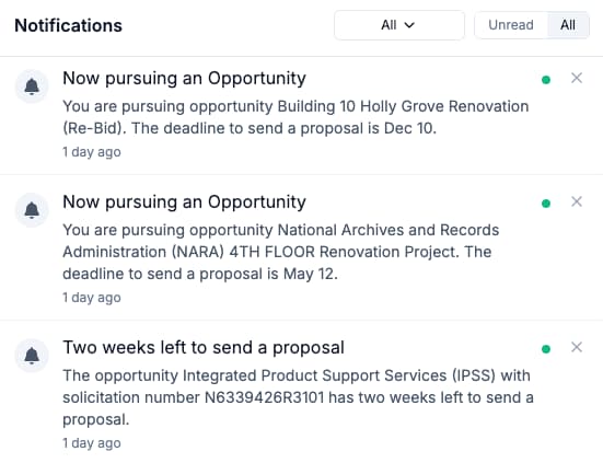 CLEATUS real-time notification system for government contract pursuits