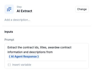 CLEATUS AI Extract step showing prompt to extract contract ids, titles, awardee information and descriptions from AI Agent Response