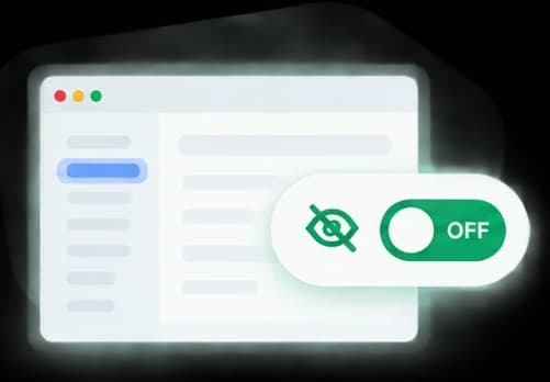 A browser window beside a toggle switch set to OFF, with an eye-off mark.