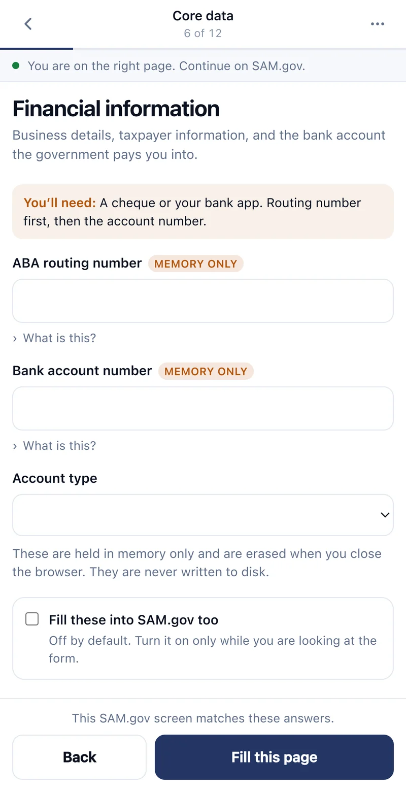 The panel on Core data, section 6 of 12, with ABA routing number and bank account number marked memory only, above a Fill this page button.