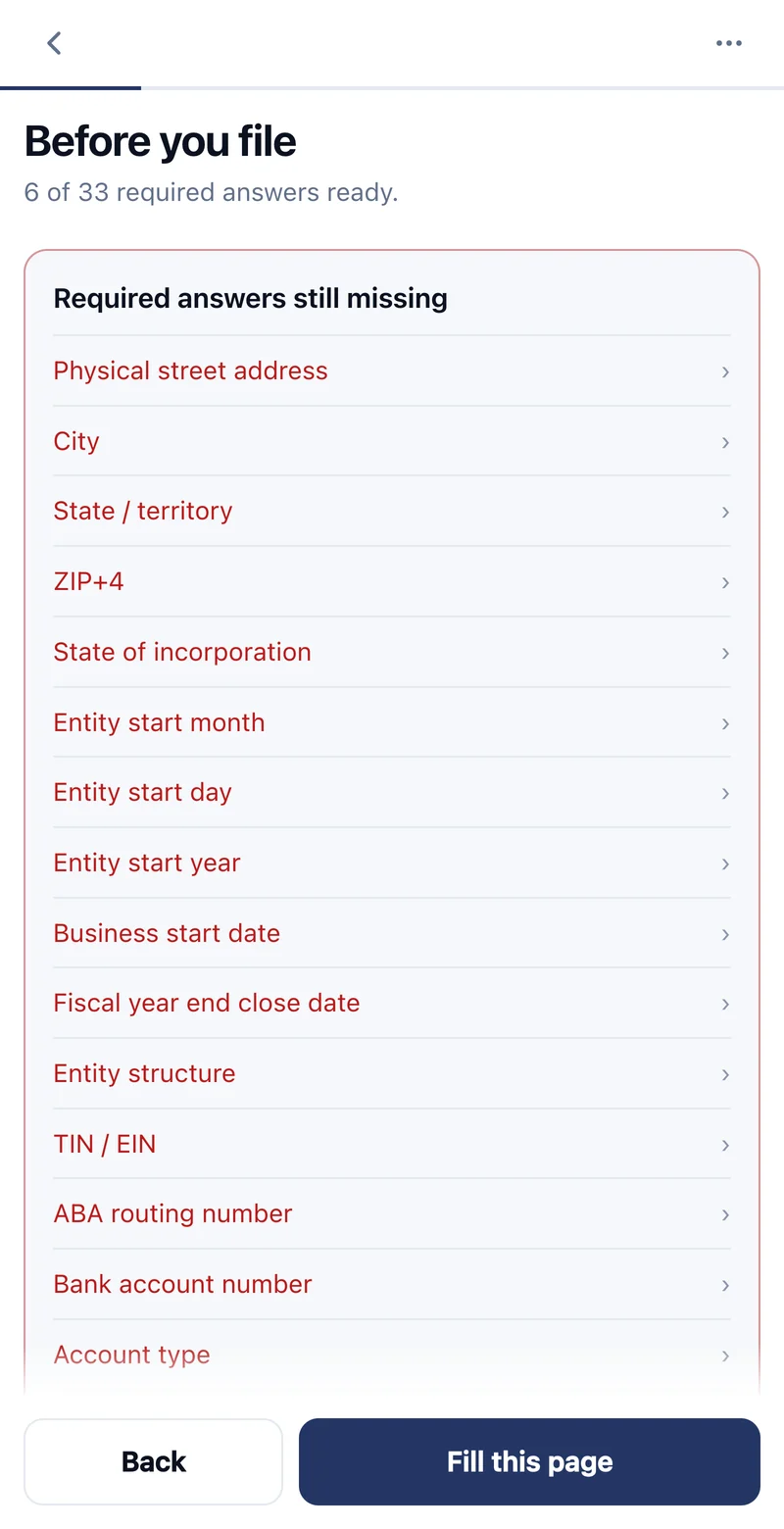 The panel before filing, showing 6 of 33 required answers ready above the list of required answers still missing.