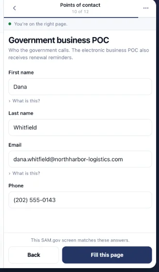 The CLEATUS side panel on a SAM.gov points-of-contact page, showing the answers it is about to fill