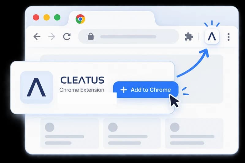 The CLEATUS extension listing in the Chrome Web Store with an Add to Chrome button, and the pinned CLEATUS mark in the browser toolbar.