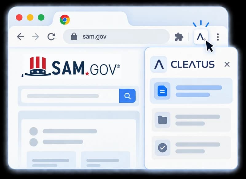 SAM.gov open in Chrome with the CLEATUS side panel opened beside it from the toolbar mark.