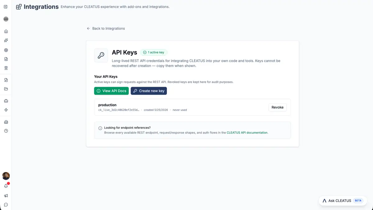 CLEATUS now has a full REST API with API key support ๐